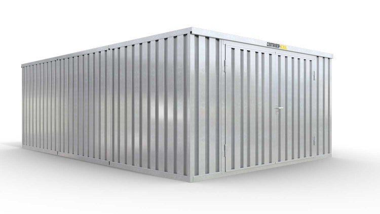Lagercontainer M3  – 18 qm, H2150 x B3050 x T6520 mm, verzinkt, mit Holzfußboden, 2750 mm Doppelflügeltür mittig in Stirnseite, zerlegt