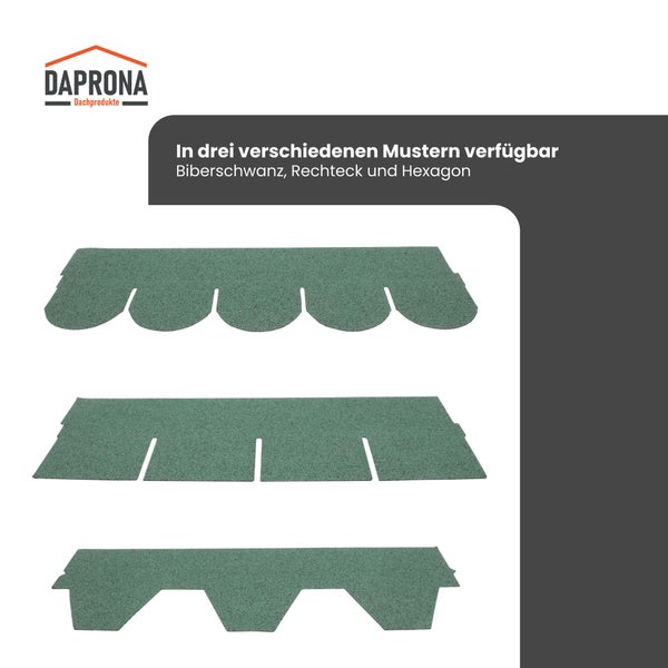 Daprona Dachprodukte Logo und drei verschiedene Bitumenschindeln in den Mustern Biberschwanz, Rechteck und Hexagon.