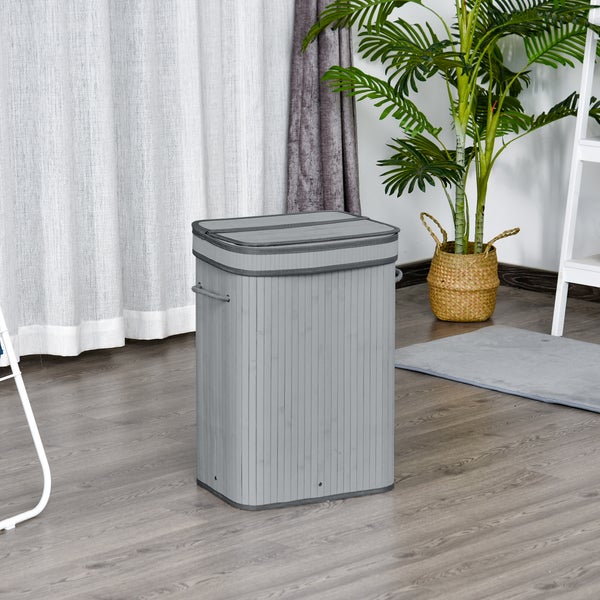 HOMCOM Bambus Wäschekorb schmal mit Deckel 70 L Wäschesammler mit Griffen, herausnehmbarer Wäschesack, Laundry Baskets für Waschküche Schlafzimmer Badezimmer Grau
