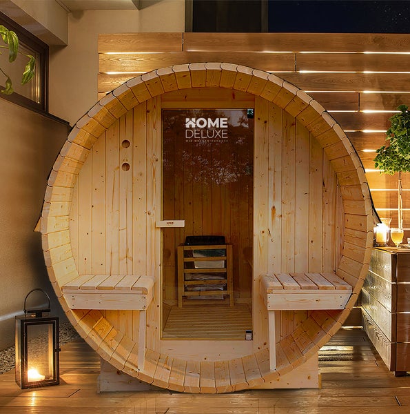Home Deluxe - Outdoor Fasssauna LAHTI DELUXE L - Maße: ca. 195 cm x 192 cm x 220 cm, Holz: Fichtenholz - inkl. Saunaofen und Saunazubehör I Gartensauna, Außensauna, Sauna Fass für 4 Personen