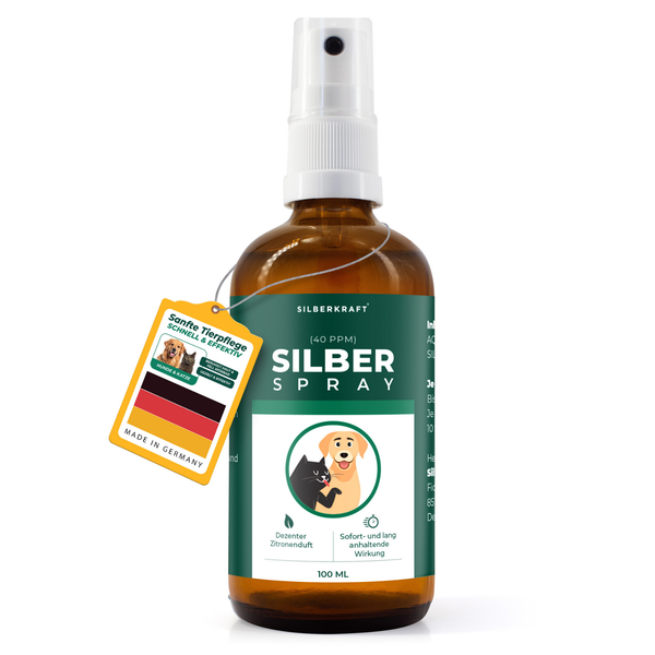 Silberkraft Silberspray zur Tierpflege in einer hundert Milliliter Braunglasflasche mit Pumpsprühkopf.