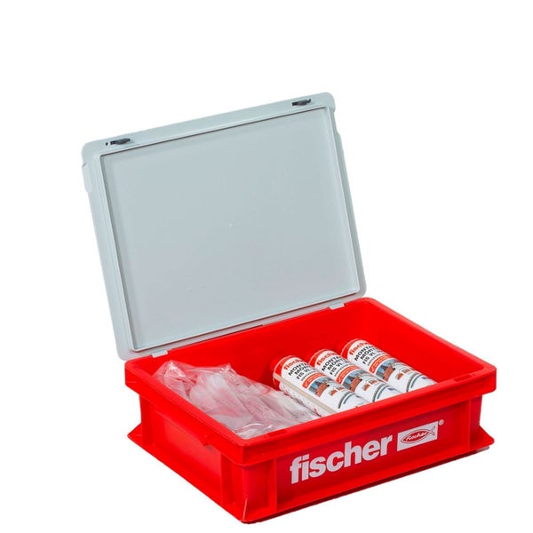 Fischer Montagemörtel FIS VL 300 T Vinylestermörtel 300 Milliliter Kartusche und rote Aufbewahrungsbox.