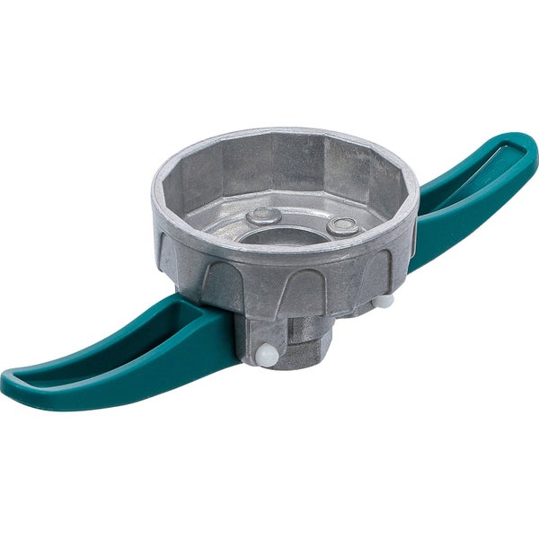 Befestigungsmutter aus Metall mit zwei grünen Kunststoffhebeln für werkzeuglose Montage.