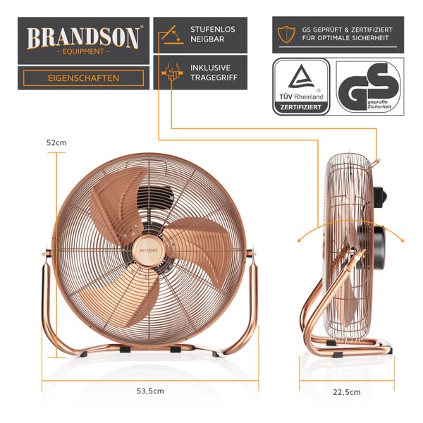 Brandson Windmaschine Retro Design, Ventilator, Standventilator 50 cm, Bodenventilator 120 Watt, hoher Luftdurchsatz, stufenlos neigbarer