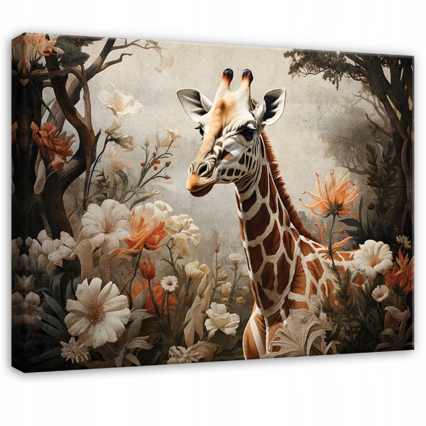 Leinwandbild mit einer Giraffe zwischen großen Blumen und Bäumen im künstlerischen Vintage-Stil.