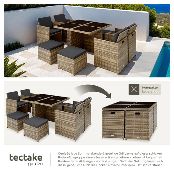 Rattan Sitzgruppe tectake Manhattan 2 Bezugssets, zusammenschiebbar, inklusive Schutzhülle mit Aluminiumgestell natur