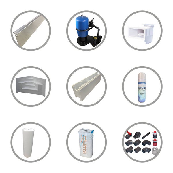 Übersicht von Poolbau-Zubehör: Sandfilteranlage, Skimmer, Treppe, Schalstein, Quarzsand, Vlies und PVC-Fittings.