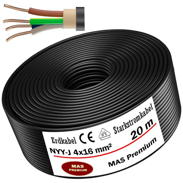 Erdkabel Starkstromkabel NYY-J 4 mal 16 Quadratmillimeter, schwarz, 20 Meter, MAS Premium, Europäische Konformität, VDE-geprüft.