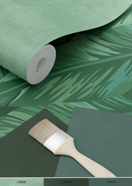 Tapetenrolle mit Blattmuster und Farbfeldern sowie einem Pinsel