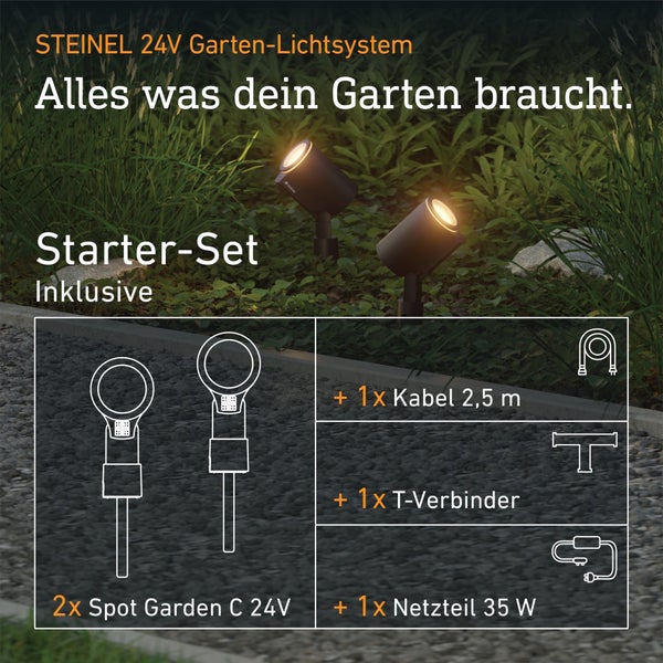Moderne Terrasse und Garten bei Nacht, Vernetzung von 230 Volt Wandleuchten und 24 Volt Gartenleuchten via Bluetooth Mesh.