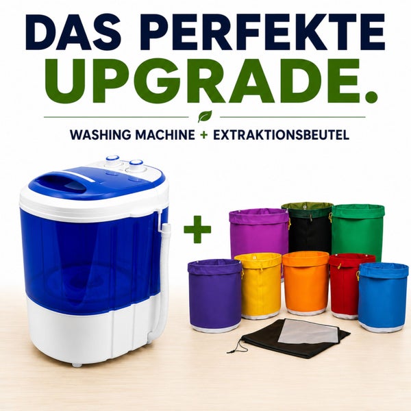 Mobile Waschmaschine mit einem Set aus acht Extraktionsbeuteln zur Gewinnung von Pflanzenextrakten.