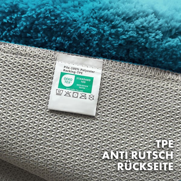 Rückseite eines Teppichs mit Antirutschbeschichtung und Öko-Tex Standard 100 Siegel