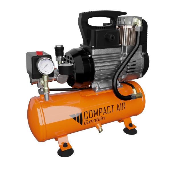 Gentilin Kompressor Compact Air mit orangefarbenem Druckluftkessel, Manometer und schwarzem Tragegriff.