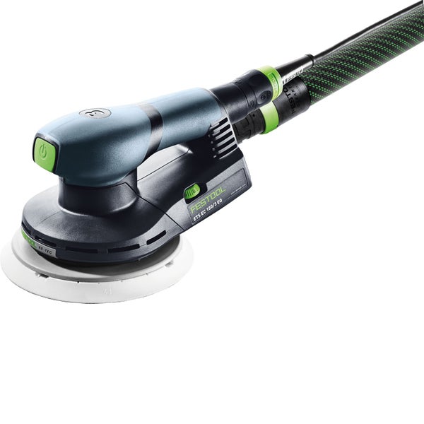 Festool Exzenterschleifer ETS EC 150/3 EQ mit Absaugschlauch und rundem Schleifteller.