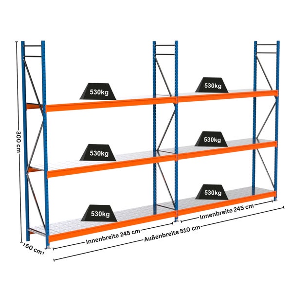 Regal mit drei Ebenen, einer Höhe von 300 cm und einer Traglast von 530 kg pro Ebene.