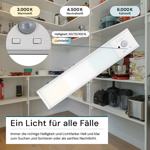 LED-Leuchte mit einstellbarer Helligkeit und Farbtemperatur im Regal