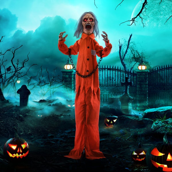 HOMCOM 85cm Halloween Dekoration Gruseliger Sprechender Gefangener mit LED-Lichter, Soundfunktion, Haustür Deko mit verstellbare Arme, Garten Dekofigur für Party, Orange