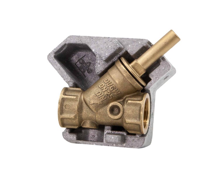 Schrägsitzventil aus Messing, Nennweite 25, zertifiziert für Trinkwasser, in einer Schutzverpackung aus Schaumstoff.