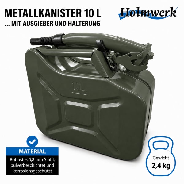 Metallkanister 10 Liter aus pulverbeschichtetem Stahl mit Ausgießer und Halterung, inklusive Gewichtsangabe von 2,4 Kilogramm und Holmwerk Logo.