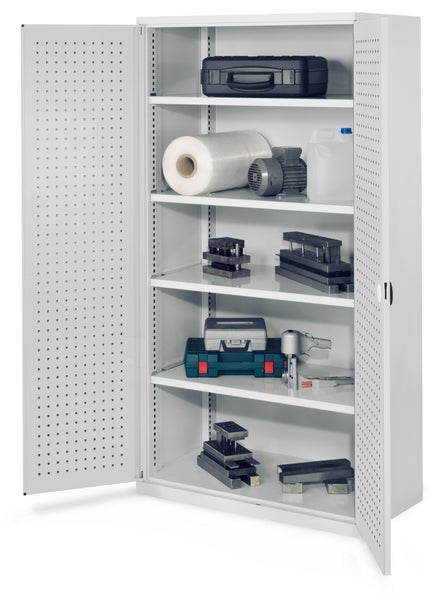 Werkzeugschrank mit offenstehenden Türen und diversen Werkzeugen und Materialien auf den Regalen.