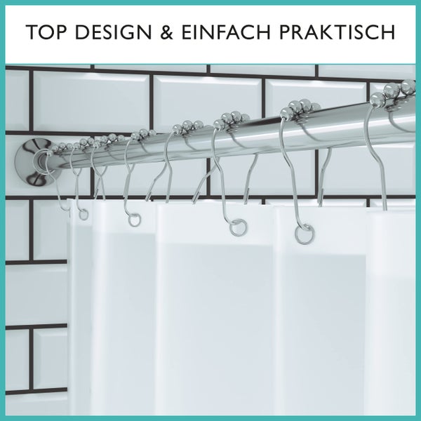 Duschvorhangstange ohne Bohren inkl. 12 Ringe - Stabile 120-215cm Teleskop Duschstange ohne Bohren aus Edelstahl rostfrei - Duschvorhang Stangen Set - Teleskopstange Dusche & Badewanne