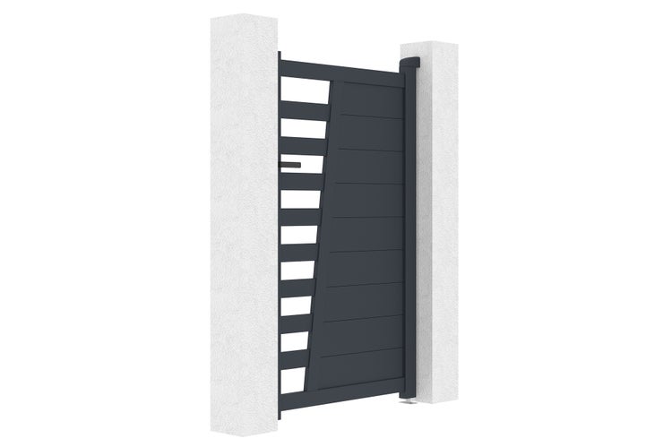 Modernes Gartentor aus Aluminium mit asymmetrischem Design, halb blickdicht und halb mit horizontalen Lamellen.
