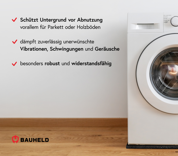 Waschmaschinenunterlage von Bauheld schützt Böden vor Abnutzung und dämpft Vibrationen für einen stabilen Stand.
