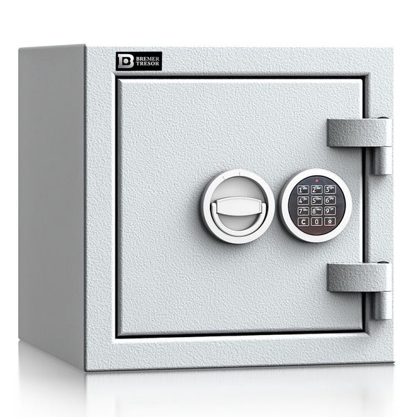 Bremer Tresor mit elektronischem Zahlenschloss und Klappgriff. Bremer Tresor Logo.