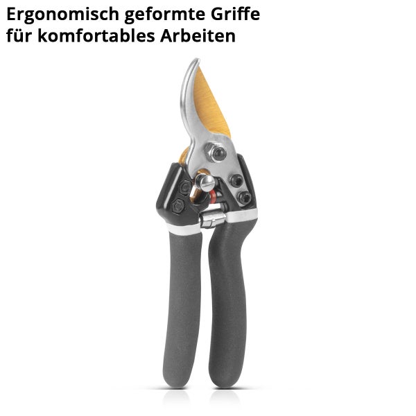 Ergonomische Gartenschere mit ergonomisch geformten Griffen für komfortables Arbeiten.
