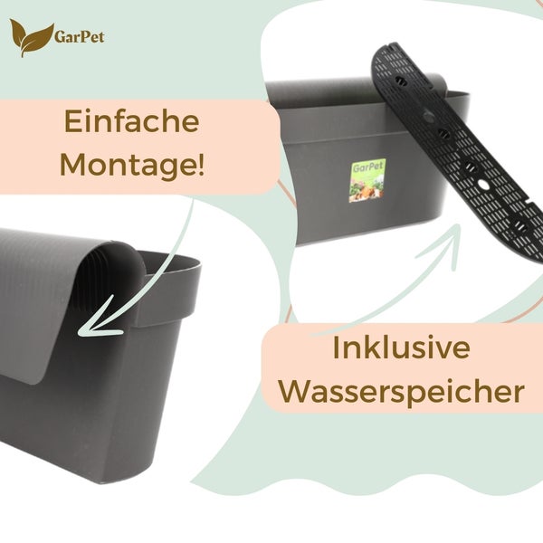Grauer Balkonkasten mit Wasserreservoir und GarPet Logo