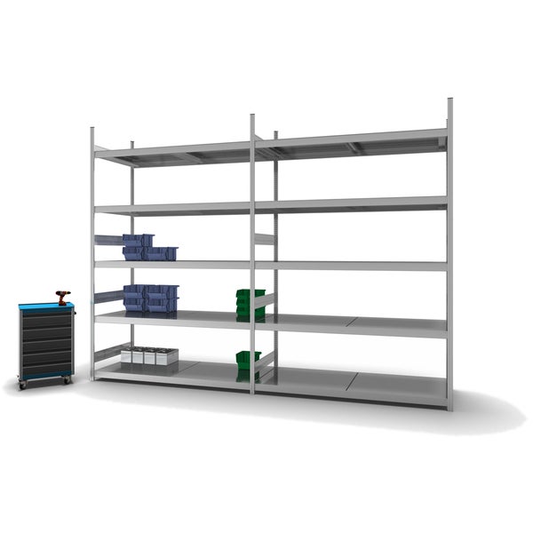 PROREGAL Weitspannregal Stecksystem T-Profil Grundregal HxBxT 300x200x80 cm 5 Ebenen Stahlplatten Fachboden Fachlast 350 kg Verzinkt