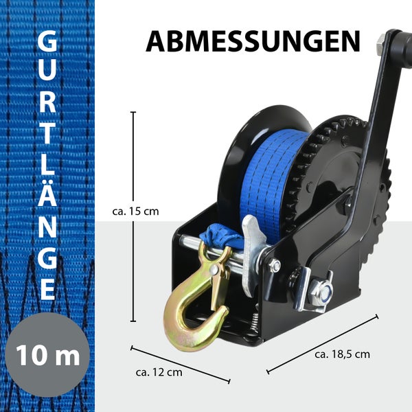 Handseilwinde mit Gurt, Abmessungen dargestellt