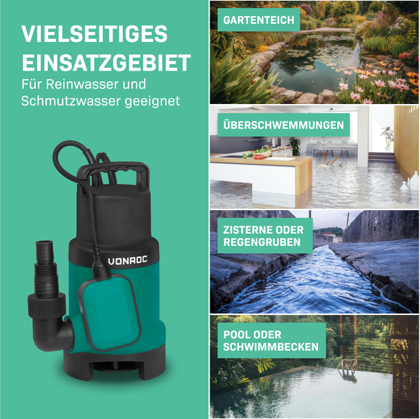 VONROC Tauchpumpe Schmutzwasserpumpe - Wasserpumpe für Schmutzwasser Keller - Gartenpumpe für sauberes oder leicht verschmutztes Wasser mit Schwimmer (750W - 1400l/h)