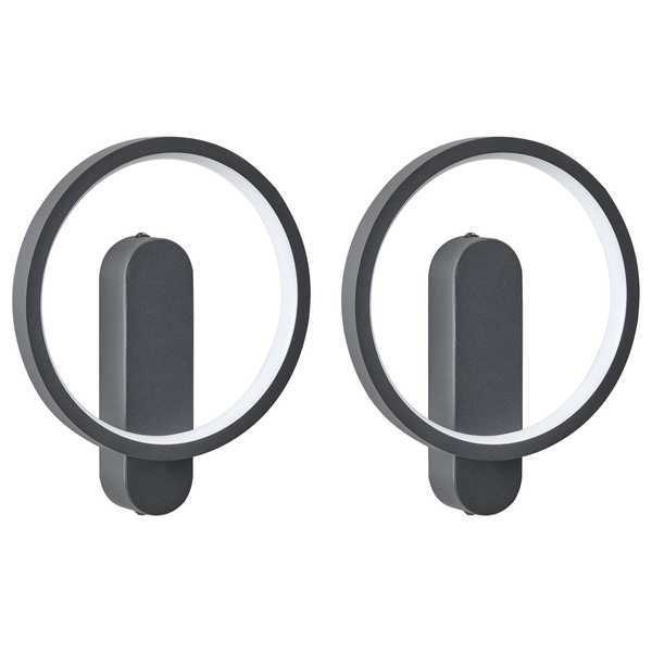 Zwei graue LED Wandleuchten mit ringförmigem Design.