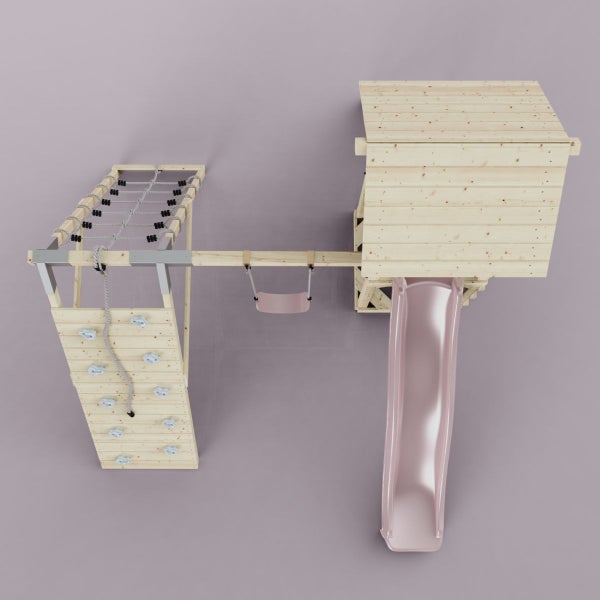 Spielturm mit Rutsche, Schaukel, Kletterwand und Kletternetz