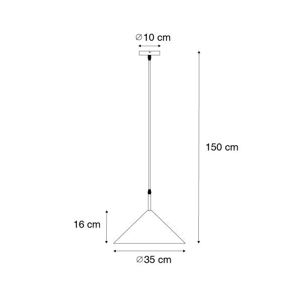 Technische Zeichnung einer Pendelleuchte mit den Maßen: 150 cm Höhe, 35 cm Durchmesser des Lampenschirms und 10 cm Durchmesser der Deckenhalterung.
