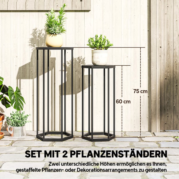 Set aus zwei schwarzen Metall-Pflanzenständern in sechseckiger Form mit Höhen von 60 Zentimetern und 75 Zentimetern.