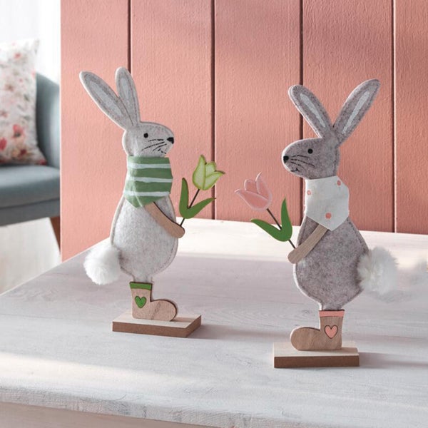 FRANK FLECHTWAREN|Hase Blumenpaar, 2er Set, 12 x 4 x 24 cm, POLYESTER, MDF, METALL, KUNSTFELL