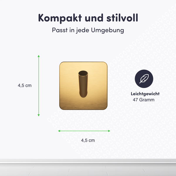 Quadratischer Wandhaken in Goldoptik mit den Maßen 4,5 mal 4,5 Zentimeter und einem Gewicht von 47 Gramm.