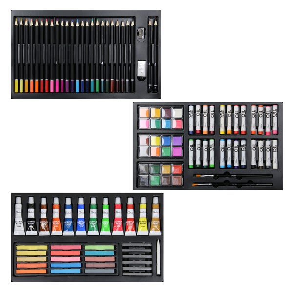 ECD Germany Malset 112 teilig mit Staffelei klappbar, Malkoffer Künstler Set Acryl & Zeichenset, Buntstifte, Leinwand, Pinselset, Wasserfarben, Pastellkreide, Großes Kreativ Set für alle Altersklassen