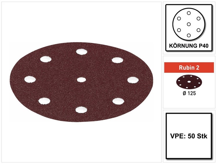 Festool Rubin 2 STF D125/8 P40 RU2/50 Schleifscheibe 125 mm P40 50 Stk. ( 499093 ) für RO 125, ES 125, ETS 125, ETSC 125, ETS EC 125, LEX 125