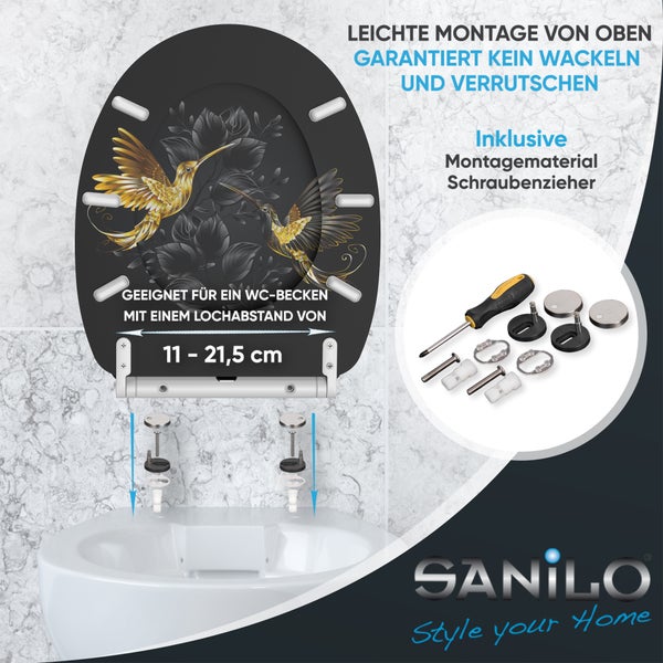 Sanilo WC-Sitz mit Kolibri-Motiv und Montageanleitung für eine einfache Befestigung von oben.