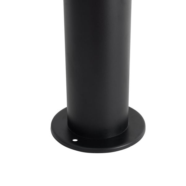 Schwarzer runder Standfuß einer zylindrischen Säule aus Metall mit Befestigungsloch.