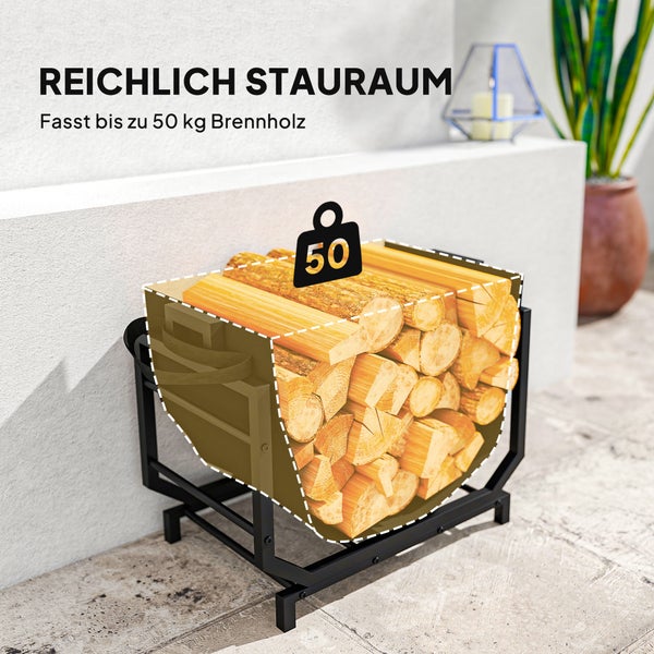 Brennholzregal aus Metall gefüllt mit Holz für bis zu 50 Kilogramm Brennholz