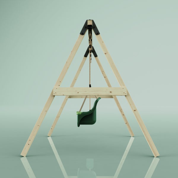 Babyschaukel mit Holzgestell und grünem Kunststoff-Sitz für den Garten.