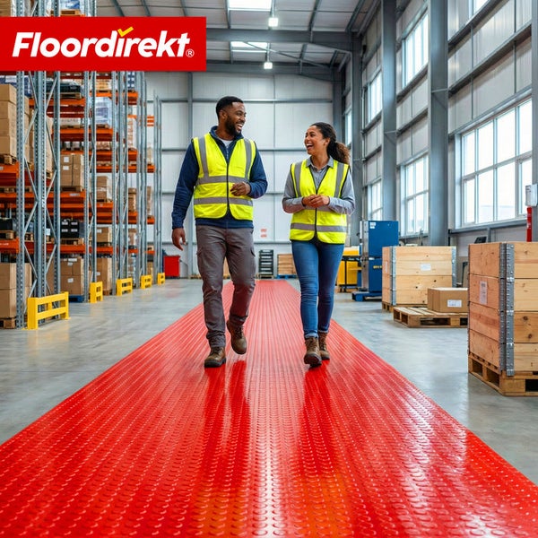 Zwei Personen in Arbeitskleidung gehen auf einem roten Bodenbelag in einem Lagerhaus. FloorDirekt Logo.
