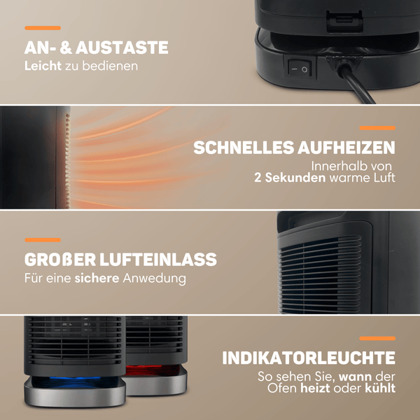 Vulpes Goods Keramik Heizlüfter - Keramik Heizung - 950 Watt Heizung - Oszillation 70° - 3 Leistungsstufen - Elektrischer Heizlüfter - Heizlüfter - Schwarz