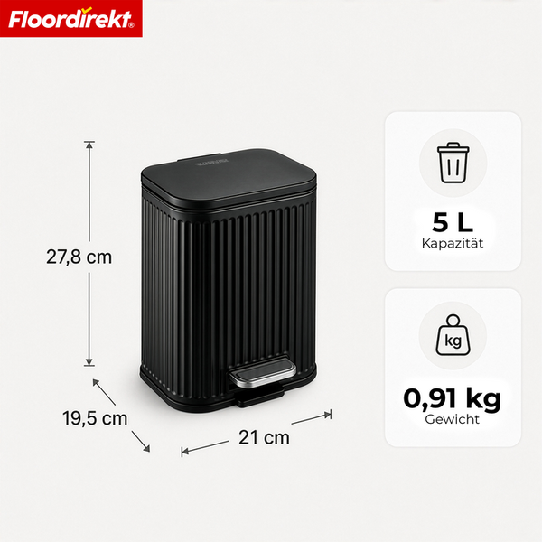 Floordirekt Logo. Schwarzer Tretabfalleimer mit Rillen, 5 Liter Kapazität, 0,91 Kilogramm Gewicht, Maße 27,8 mal 21 mal 19,5 Zentimeter.