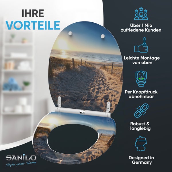 Sanilo Toilettensitz mit Strand-Motiv. Vorteile: einfache Montage von oben, per Knopfdruck abnehmbar, robust, langlebig, in Deutschland entworfen.