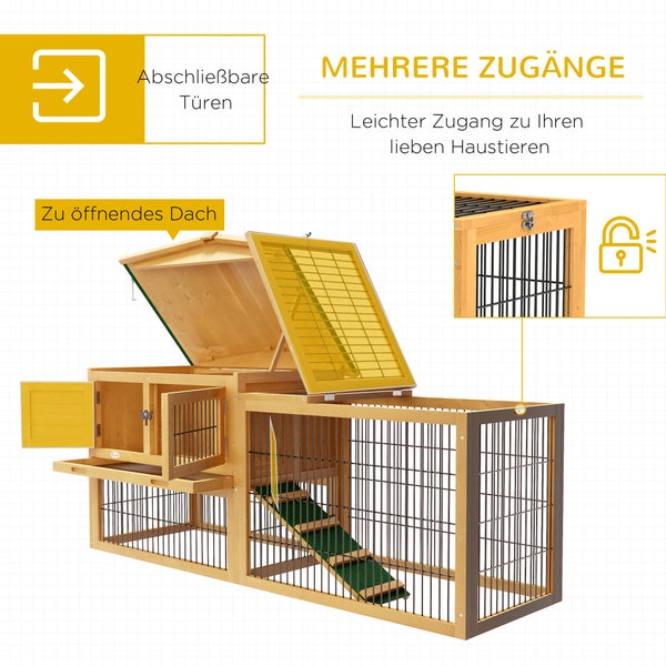 PawHut Hasenstall 2 Ebenen Kaninchenstall aus Tannenholz Winterfest Doppelstockhaus mit Freilaufgehege Rampe 150x52x68 cm Kaninchenkäfig Outdoor Kleintierstall für Hasen Kaninchen Meerschweinchen Gelb